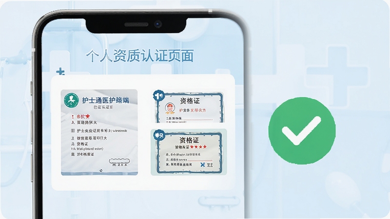 e护通医护端个人资质认证页面示意图,手机屏幕显示已认证的护士执业证书和资格证缩略图,旁边有绿色通过标识,背景为淡蓝色医疗风格,突出安全可靠感