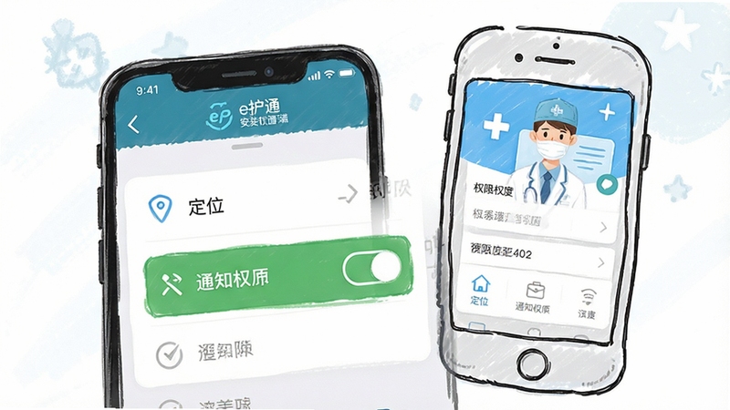 e护通医护端安装权限设置示意图,手机屏幕显示应用权限管理页面,定位和通知权限已开启,背景为手绘风格手机界面元素,简洁明了