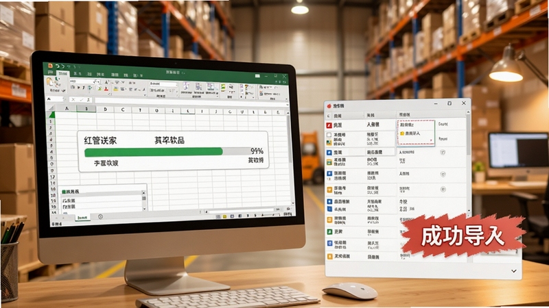 红管家送货单打印软件批量导入功能展示,画面中一台电脑屏幕显示Excel表格导入进度条,旁边有商品数据列表和成功导入提示,背景为仓库或办公室环境,色调温暖,突出数据批量处理的便捷