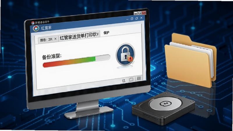 红管家送货单打印软件数据备份界面,屏幕上显示备份进度和加密锁图标,旁边有移动硬盘和文件夹,背景为深蓝色科技感色调,突出数据安全与保护主题