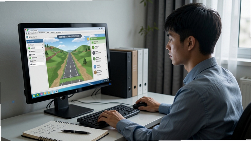 棋宝驾驶员交规模拟考试学习场景示意图,画面展示一位学员坐在电脑前认真做题,屏幕显示驾考模拟考试界面,桌面摆放笔记本和笔,整体氛围安静专注,体现备考学习的真实场景
