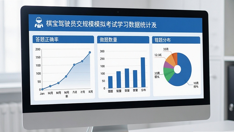 棋宝驾驶员交规模拟考试学习数据统计页面,电脑屏幕上展示答题正确率曲线图、做题数量柱状图和错题分布饼图,界面以蓝色和白色为主色调,数据可视化清晰直观,体现软件的学习追踪能力