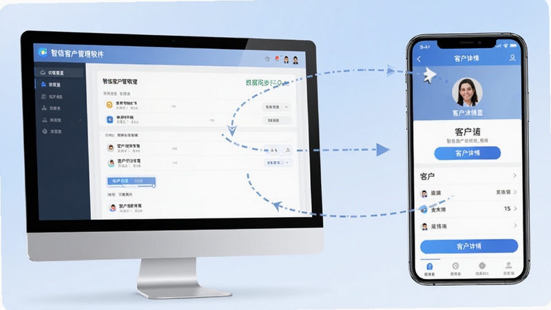 智信客户管理软件多端同步场景图,画面左侧为电脑屏幕显示权限设置面板,右侧为手机屏幕显示同一账号登录后的客户详情页,中间用虚线箭头连接表示数据同步,背景为淡蓝色渐变,整体科技感与商务感兼具