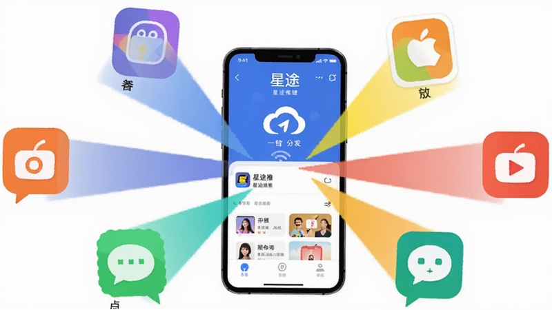 星途推多平台分发功能示意图,画面展示一部手机向周围多个社交平台图标发射光线连接,手机屏幕显示星途推应用界面,周围图标代表不同内容平台,整体采用扁平化插画风格,色彩鲜明,背景为白色,突出一键分发的便捷性