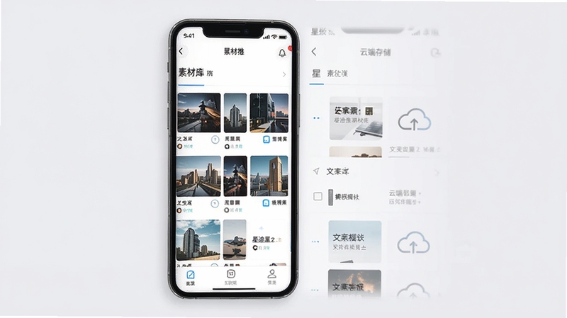 星途推素材库管理界面预览图,画面展示手机屏幕中星途推应用的素材库页面,包含图片缩略图网格与文案模板列表,界面清爽整洁,背景为淡灰色,突出分类管理与云端存储功能,画面主体为手机屏幕,位于画面中央偏左位置