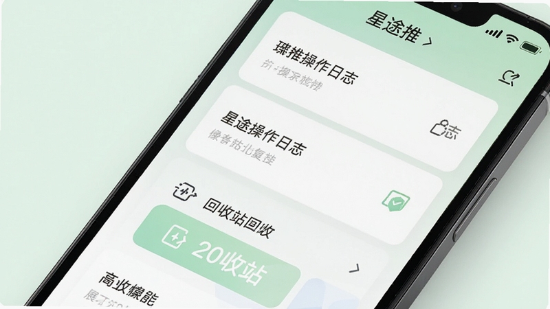 星途推操作日志与回收站功能展示图,画面为手机屏幕特写,显示星途推应用内的操作记录列表和回收站入口,界面采用卡片式设计,背景为柔和的浅绿色,突出数据安全与可恢复性,整体风格清新简洁