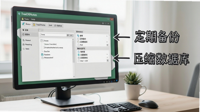 TreeDBNotes操作教程示意图,屏幕显示软件设置界面与备份选项,旁边有文字标注“定期备份”“压缩数据库”,软件名称TreeDBNotes在标题栏,Boogu模型生成,清晰办公场景