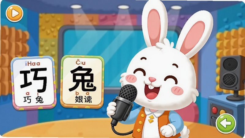 巧兔识字发音跟读界面,画面中央是一个卡通兔子对着麦克风唱歌,旁边有汉字卡片和拼音标注,背景是录音棚风格的彩色墙面,整体设计活泼专业,适合儿童语言学习场景