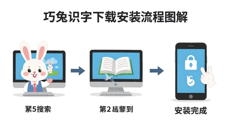 巧兔识字下载安装流程图解,画面以步骤形式展示从搜索到安装完成的完整过程,每一步配有卡通兔子和电脑/手机图标,背景简洁清晰,风格扁平化设计,适合作为教程配图