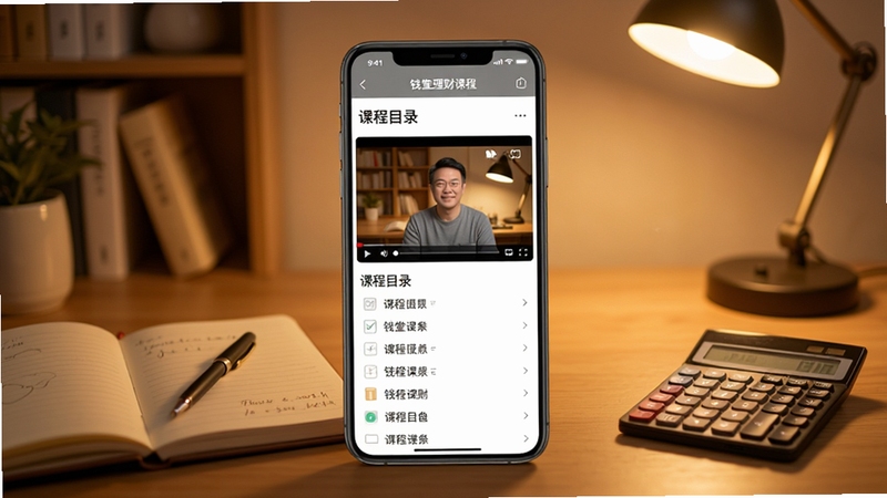 Ǯ�����ƿγ�ѧϰ���棬�ֻ���Ļ������ʾ��Ƶ���Ŵ�����γ�Ŀ¼�б�������Ϊůɫ���鷿�����������ϰڷűʼǱ����������������ܰ��ѧϰ��Χ