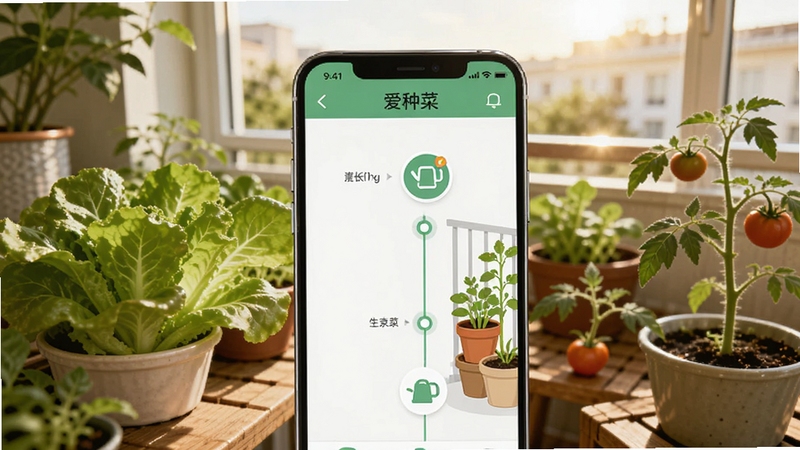 整体画面展现一款名为爱种菜的智能手机应用界面,画面中央位置是手机屏幕特写,屏幕内显示着阳台盆栽蔬菜的生长记录时间轴与浇水提醒图标。背景区域是温馨的居家阳台环境,阳光透过窗户洒在绿油油的生菜和番茄幼苗上,画面整体色调清新自然,突出科技与自然结合的氛围。