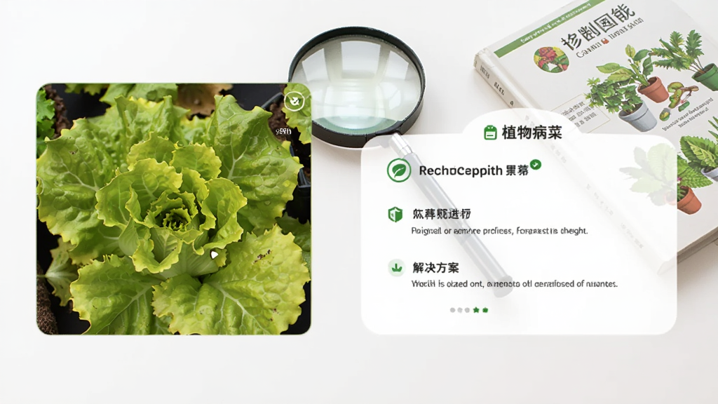 画面展示爱种菜应用内的植物病害诊断界面,左侧是生菜黄叶的实拍图,右侧是诊断结果与解决方案文字框。背景是简洁的白色桌面,放置着一台放大镜和一本园艺手册,整体风格严谨专业且易于理解。