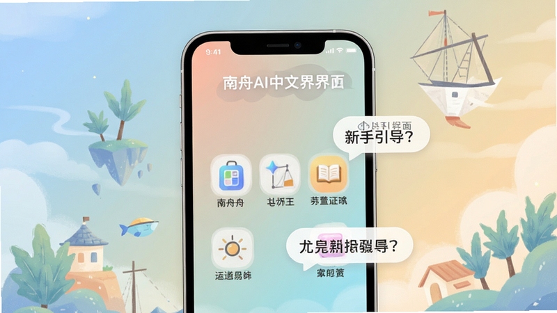南舟AI中文界面与新手引导页,手机屏幕展示功能图标与提示气泡,背景为柔和渐变与简洁插画风格,突出易上手特点