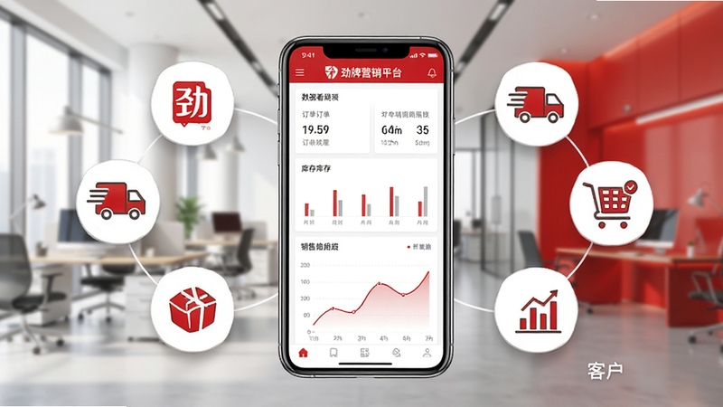 һ��չʾ����Ӫ��ƽ̨���Ĺ��ܵĺϳɻ��棬����������һ�������ֻ�����Ļ����ʾ����Ӫ��ƽ̨�����ݿ�����棬����������������������ͼ���ֻ���Χ������ͼ�껯�Ķ������������ͻ���������Ԫ�ء�����Ϊ�ִ��칫������ɫ���Ծ���Ʒ�ƺ�Ͱ�ɫΪ����������������ͻ���ƶ�Ӫ�������ı���ԡ�