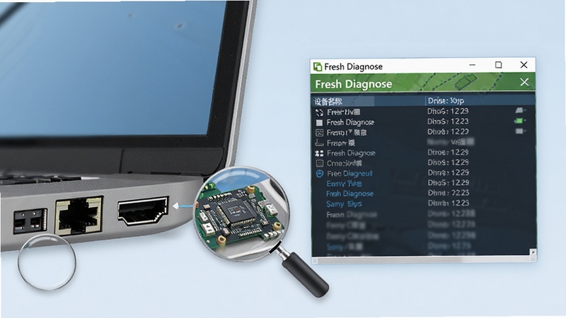 Fresh Diagnose �������豸��Ϣ��ȡ���棬����չʾһ̨�ʼǱ����ԵĲ���ӿڣ�USB��HDMI�����ڵȽӿڴ��зŴ�Ч����ʾ�ڲ�оƬ�ṹ��Fresh Diagnose ���������ڻ����Ҳ��г��豸�����������汾������Ϊ��͵�ǳ��ɫ�������Ӿ���ˬ