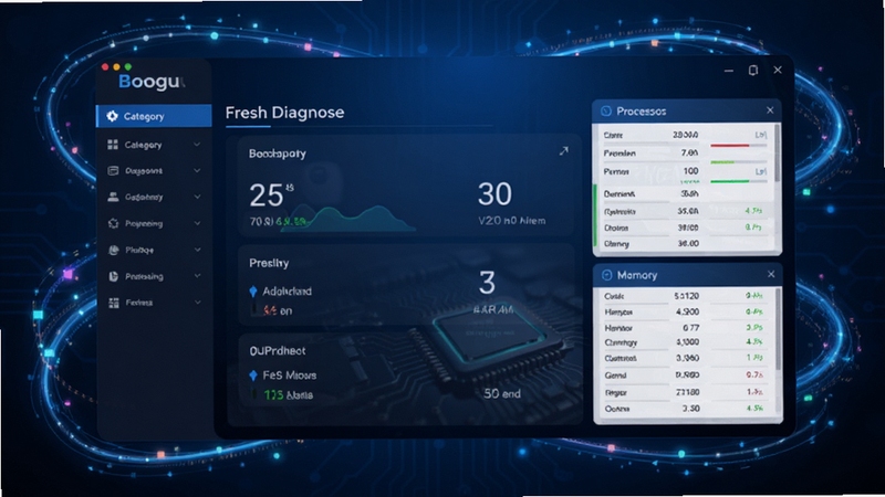 Fresh Diagnose ��������������չʾϵͳӲ������������Ϊ���ܷ��ർ�������Ҳ�Ϊ���������ڴ����������壬����Ϊ����ɫ�Ƽ��н��䣬��Ļ��Χ���������������Ĺ��ߣ���������רҵ������Booguģ������