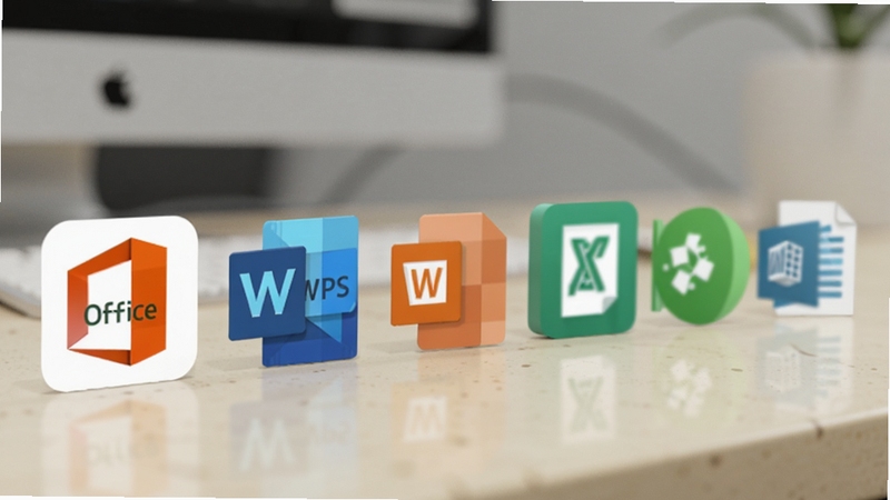 AI��ͼ������չʾһ�Ű칫����ͼ������������ǳɫ�����ϣ�����Office��װ���֡�WPS��LibreOffice�ȣ������黯������ͻ��ͬ�������Ƽ��ĶԱȸ�