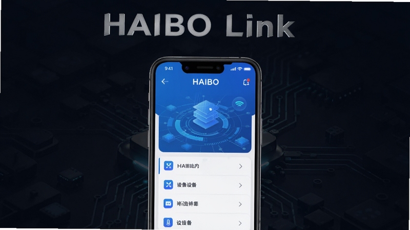 HAIBO Link 软件主界面展示,画面中央为手机屏幕,屏幕内呈现蓝色科技感的连接管理面板与设备列表,背景为深色渐变科技纹理,整体风格简洁现代,突出软件名称 HAIBO Link