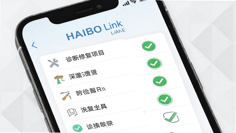 HAIBO Link 诊断修复工具界面,手机屏幕显示检测项目清单与绿色通过标识,界面风格清爽,背景为淡灰色几何图形,突出工具的专业性与易用性