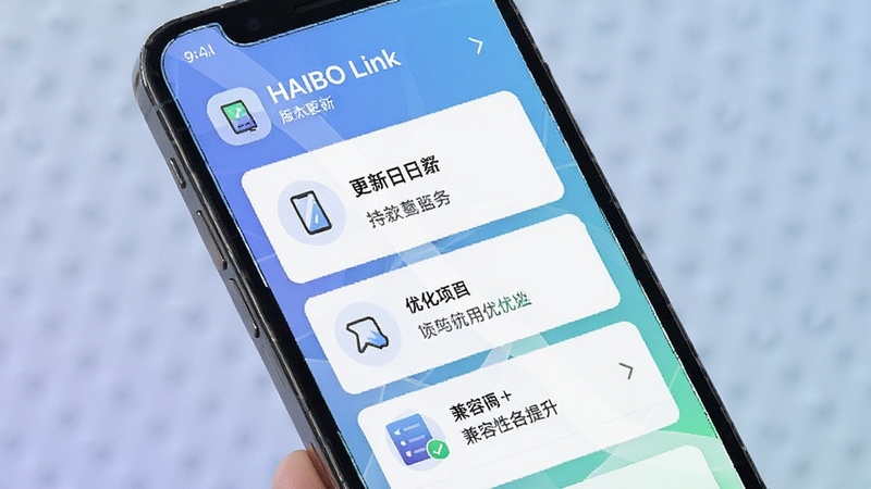 HAIBO Link 版本更新界面,手机屏幕展示更新日志与优化项列表,界面以卡片式布局呈现,背景为柔和的渐变色彩,体现软件持续迭代与兼容性提升