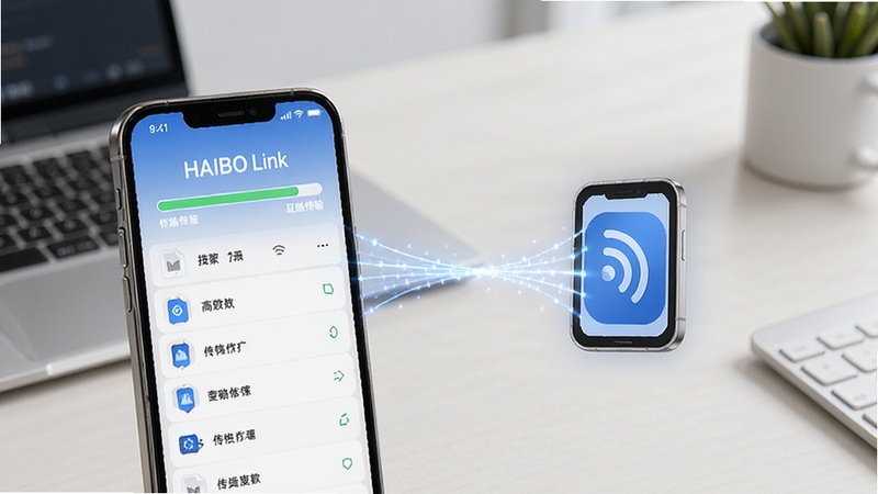 HAIBO Link 文件互传功能界面,手机屏幕显示文件传输进度条与已传输文件列表,画面中有两个手机图标通过光线连接,背景为简洁的浅色办公桌面,体现高效传输与管理的主题