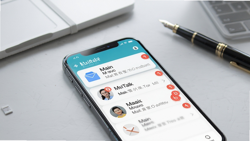 MailTalk 多账户管理功能展示,画面中一部手机屏幕内并排显示三个邮箱账户头像与未读邮件角标,背景为柔和浅灰色工作台,台面上放置笔记本和钢笔,光线明亮柔和,突出多账户聚合概念