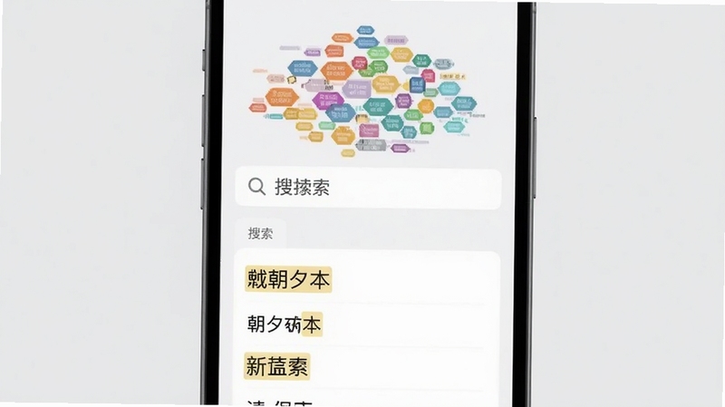朝夕本 搜索与标签界面 手机屏幕显示彩色标签云 搜索框内输入关键词 下方列表高亮匹配文字 背景为浅灰色极简风格