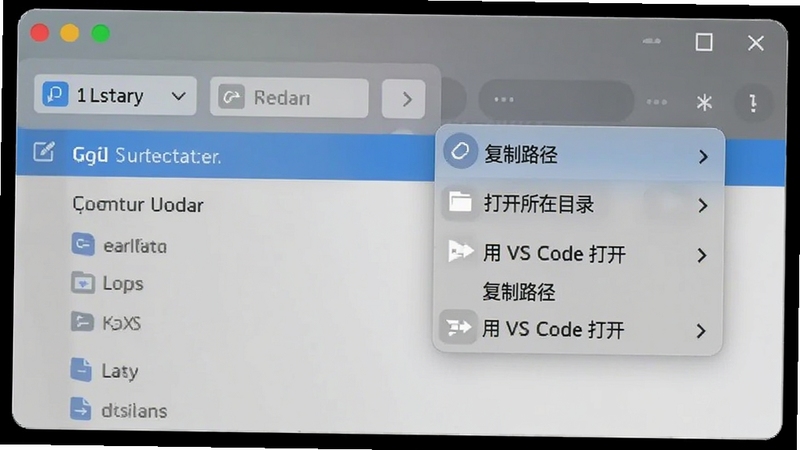 Listary 动作菜单展开示意图,搜索结果旁显示“复制路径”、“打开所在目录”、“用 VS Code 打开”等选项,界面采用半透明毛玻璃效果,突出快捷操作与效率提升
