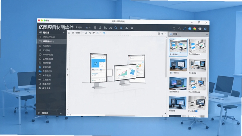 亿图项目制图软件启动界面与模板中心概览,画面中央展示软件主工作区,左侧为模板分类导航,右侧为近期项目缩略图,背景为简洁的蓝色渐变办公环境,整体风格专业清爽,适配Boogu模型生成
