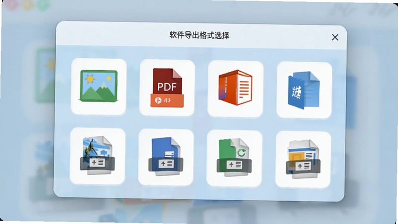 软件导出格式选择弹窗界面,画面中央展示多种文件格式图标排列,包括图片、PDF、Office文档等,背景为淡蓝色半透明遮罩,整体风格现代简约,适配Boogu模型生成