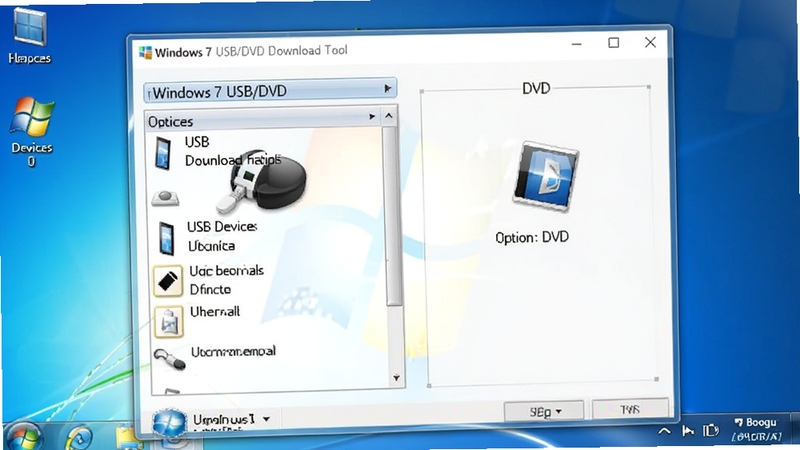 Windows7 USB/DVD Download Tool �����������ͼ����������չʾ�������ڣ����Ϊ USB �豸ѡ��Ҳ�Ϊ DVD ѡ�����Ϊ���� Windows 7 ������棬����ɫ��Ϊǳ�����ɫ������ Boogu ģ������
