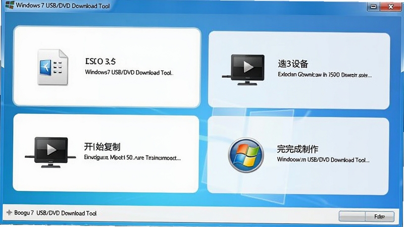 Windows7 USB/DVD Download Tool ��ʽ�������棬�����Ϊ�ĸ��������򣬷ֱ�Ϊѡ��ISO�ļ���ѡ���豸����ʼ���ơ����������ÿ����������ͼ������˵�����֣�����Ϊ��ɫ��ǳ��ɫ���䣬������¼�࣬���� Boogu ģ������