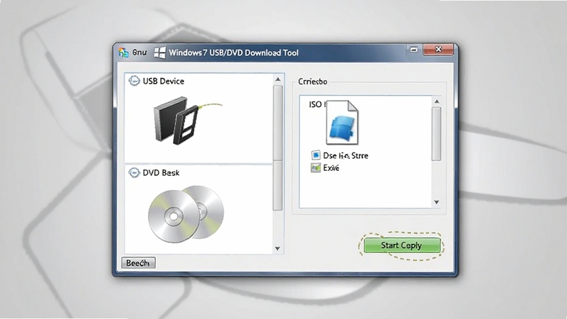 Windows7 USB/DVD Download Tool �����������ͼ����������չʾ���ߴ��ڣ����Ϊ USB �豸�� DVD ����ѡ�������Ҳ�Ϊ ISO �ļ������ť�뿪ʼ���ư�ť������Ϊ���ǳ��ɫ���䣬������ɾ��������� Boogu ģ������