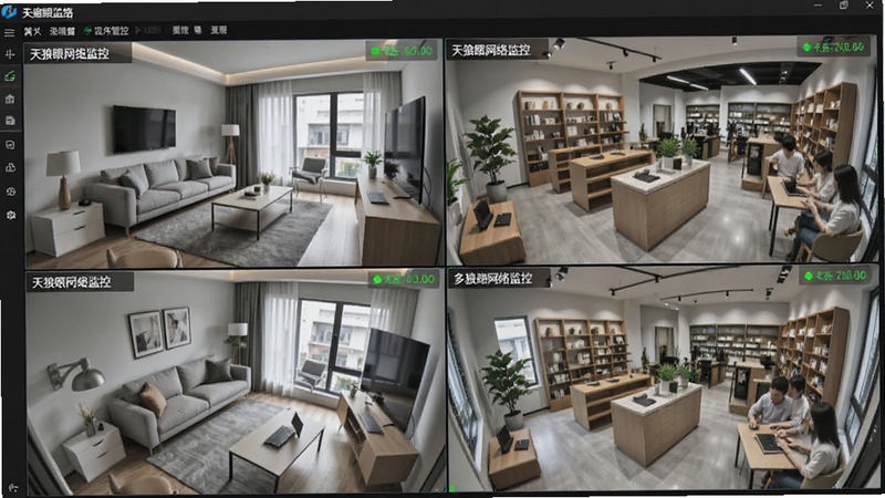 多路摄像头集中管理场景,画面展示天狼眼网络监控软件界面上同时呈现四个不同监控画面的网格布局,每个画面标注摄像头名称与在线状态,背景为现代家庭与店铺混合监控环境,突出集中管控的便捷性