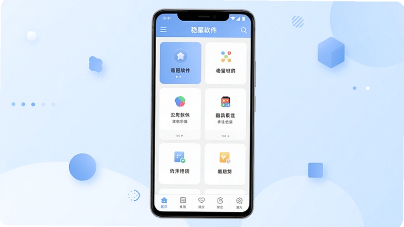 稳星软件主界面整体展示,画面中心是一台竖屏安卓手机,屏幕内呈现稳星应用首页的卡片式功能布局,顶部有简约标题栏,中部为常用工具入口网格,底部为导航菜单。背景区域为柔和的浅蓝渐变,点缀少量几何图形,整体风格干净清爽,突出软件的轻量与稳定感,适配Boogu模型生成。