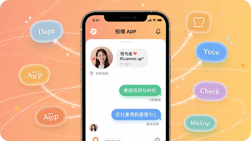 ͶԵ�罻Ӧ��������չʾ����������Ϊ�ֻ���Ļ����Ļ�ڳ���ͶԵAPP��ƥ���Ƽ�ҳ���������ݣ�����Ϊ��͵�ůɫ�����䣬��Χ��׺�������Ȥ��ǩͼ�������������������������ִ���ͻ���罻��Ե�����⣬���ʸ��壬ϸ�ڷḻ