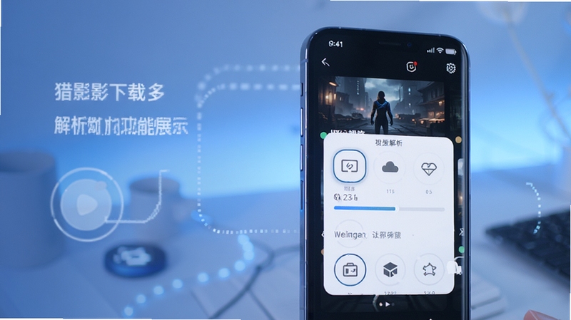 猎影视频下载多格式解析功能展示图,画面中一部智能手机屏幕显示视频解析进度条与格式选择菜单,背景为柔和蓝色调,突出科技感与便捷性