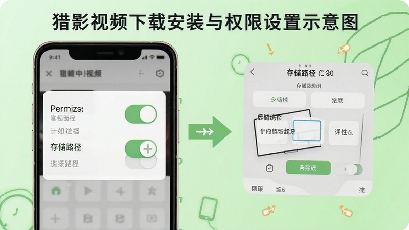猎影视频下载安装与权限设置示意图,画面展示手机屏幕上的权限开关与存储路径选择,背景为浅绿色清新风格,突出操作指引