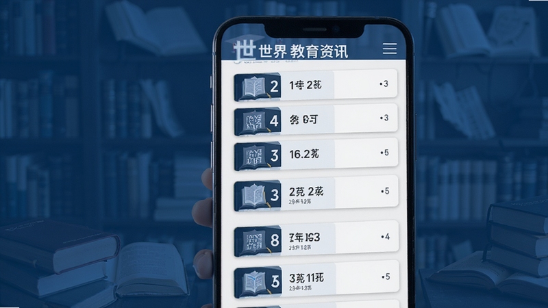 世界 教育资讯页面 手机屏幕显示大学排名列表 背景是学术风格蓝色 画面主体是排名卡片 清晰易读