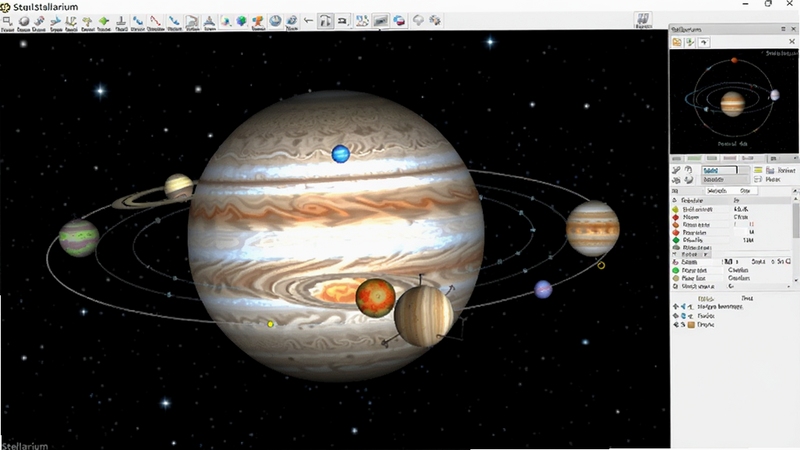 虚拟天文馆Stellarium软件截图,画面中央是一颗明亮的木星及其周围伽利略卫星,背景为深黑色太空,点缀细碎恒星,界面右侧显示行星轨道与信息面板,整体色调深邃、细节清晰,适合Boogu模型生成