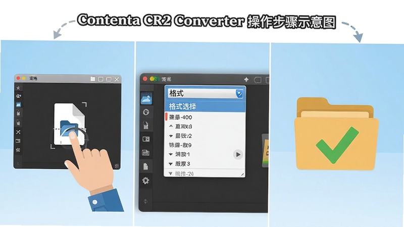 Contenta CR2 Converter ��������ʾ��ͼ�������Ϊ�������������ʾ��ק�ļ����������ڵ����ƣ��м�չʾ��ʽѡ�������˵����Ҳ����ת����ɺ���ļ���ͼ�����ɫ�Թ���ǣ�������ñ�ƽ���廭��񣬱���Ϊǳ��ɫ���䣬ͻ������ѧ�Ĳ�������