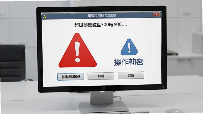 电脑屏幕显示超级秘密磁盘3000的操作界面,界面上有“创建虚拟磁盘”“加载”“卸载”等按钮,旁边有一个醒目的红色警告标志和蓝色提示标志,背景为简洁的浅灰色办公桌面,画面风格清晰直观,用于说明软件操作注意事项。