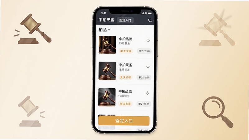 中拍天鉴 软件主界面展示,画面中央为手机屏幕正视图,屏幕内呈现拍品列表与鉴定入口,背景为淡雅米色渐变,四周点缀简约拍卖槌与放大镜图标,整体风格商务简洁,适配Boogu模型生成