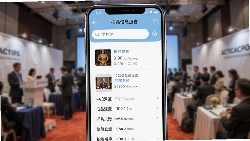 中拍天鉴 拍品信息速查功能界面,手机屏幕内显示拍品缩略图与详细参数列表,界面配色为浅蓝与白色,背景为虚化的拍卖会场,画面清晰体现搜索与筛选操作,适配Boogu模型生成