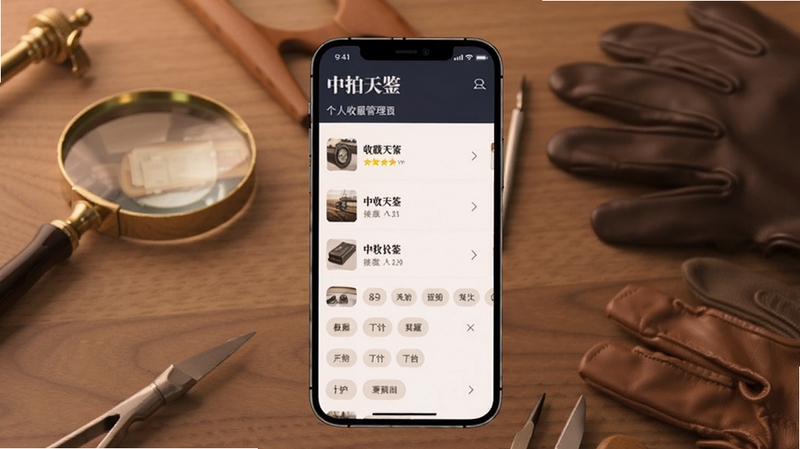中拍天鉴 个人收藏管理页面,画面中央为手机屏幕,屏幕内展示收藏夹列表与标签分类,背景为木质桌面与放大镜、手套等收藏工具,色调温暖柔和,适配Boogu模型生成
