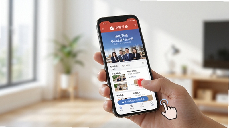 中拍天鉴 移动端操作示意图,画面展示手持手机进行滑动浏览与点击收藏的动作特写,背景为简洁的室内环境,屏幕内可见中拍天鉴界面元素,光线明亮自然,适配Boogu模型生成