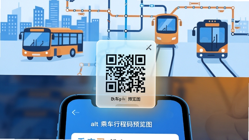 乘车行程码软件主界面全貌展示,画面中央悬浮一张发光的二维码卡片,背景分为上下两部分,上半部分为城市公交与地铁线路图,下半部分为手机屏幕轮廓,整体科技蓝与暖橙配色,扁平化风格,高清细节,适配Boogu模型生成,alt=