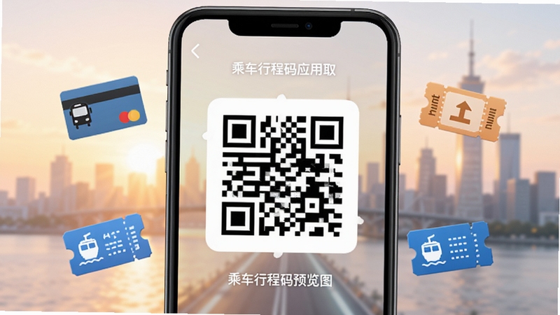 乘车行程码应用内乘车码快速调取界面,手机屏幕中央展示一张明亮的二维码,周围环绕公交卡、地铁票、轮渡票的图标,背景为柔和的晨光城市剪影,突出便捷与速度感,写实风格,高清渲染,alt=