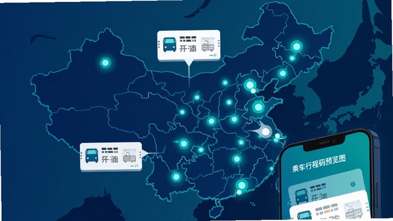 乘车行程码多城市切换界面,画面展示中国地图轮廓上多个城市节点被点亮,每个节点连接一张乘车码卡片,手机屏幕位于画面右下角,整体配色为深蓝与青绿,科技感与地理元素结合,扁平插画风格,高清,alt=