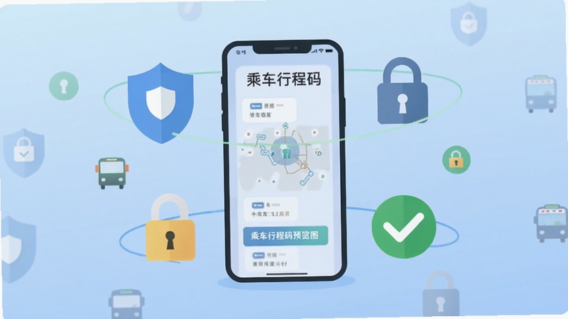 乘车行程码安全使用示意图,画面中央是一部手机,手机周围环绕盾牌、锁、对勾图标,背景为柔和的蓝色渐变,突出安全与隐私保护主题,扁平化设计,高清,alt=